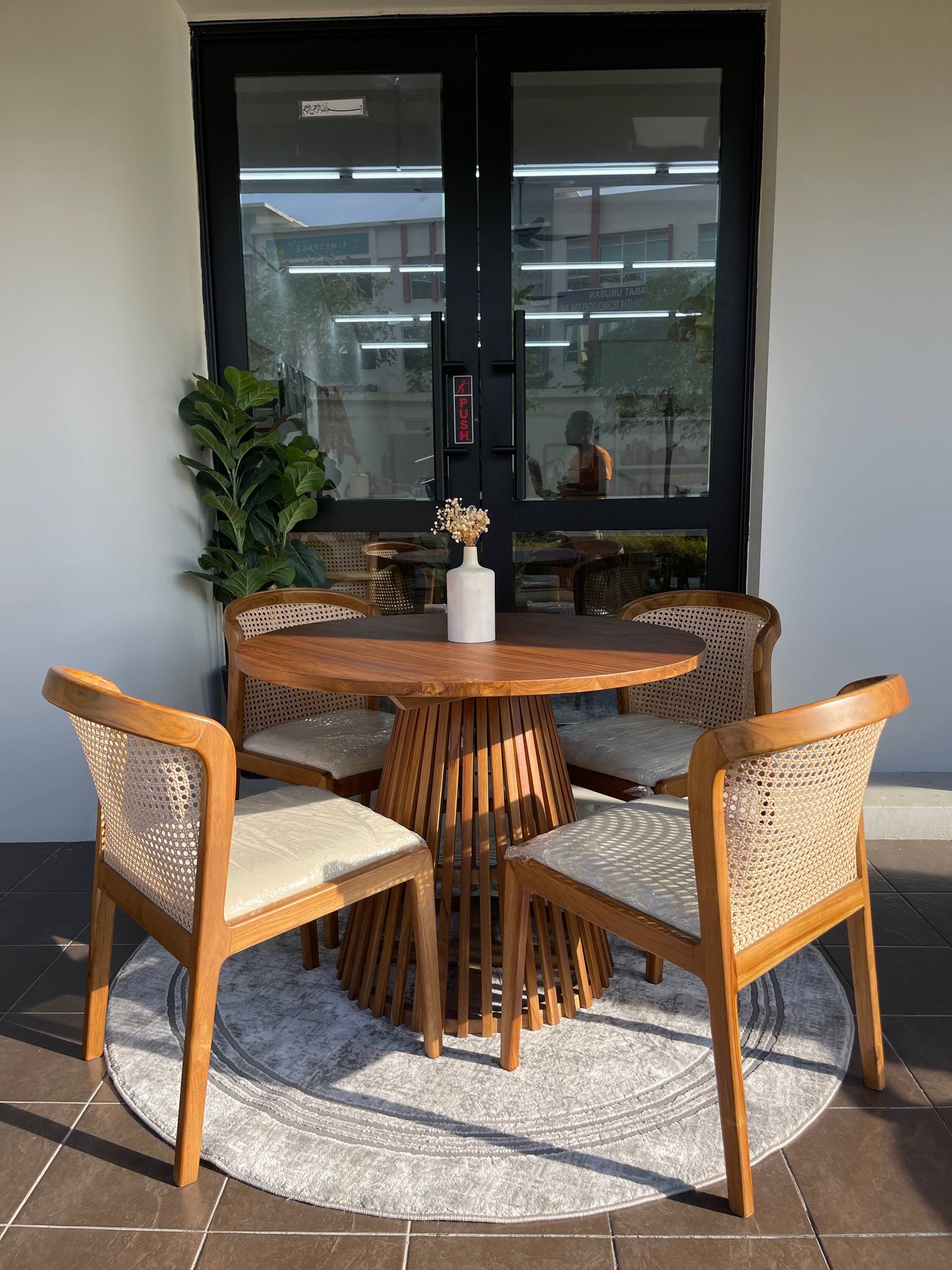 Solid Teakwood Round Dining Table Set | 4 Seater Dining Set | Natural Rattan Dining Chairs | 100cm