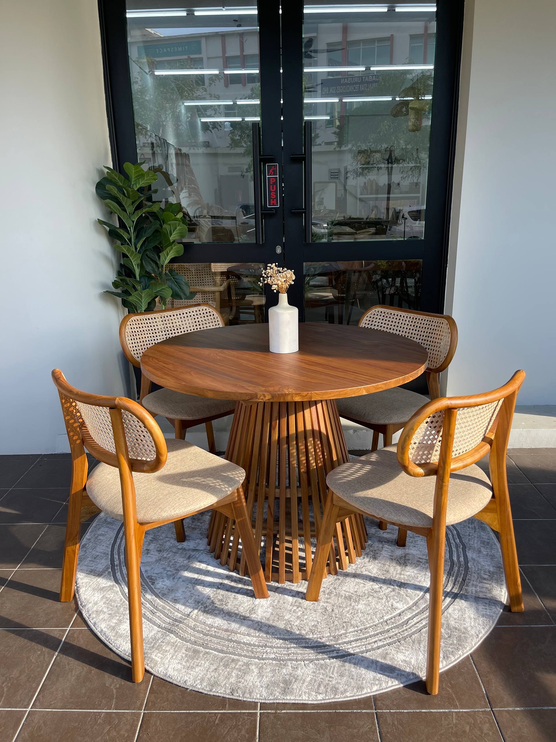 Solid Teakwood Round Dining Table Set | 4 Seater Dining Set | Natural Rattan Dining Chairs | 100cm