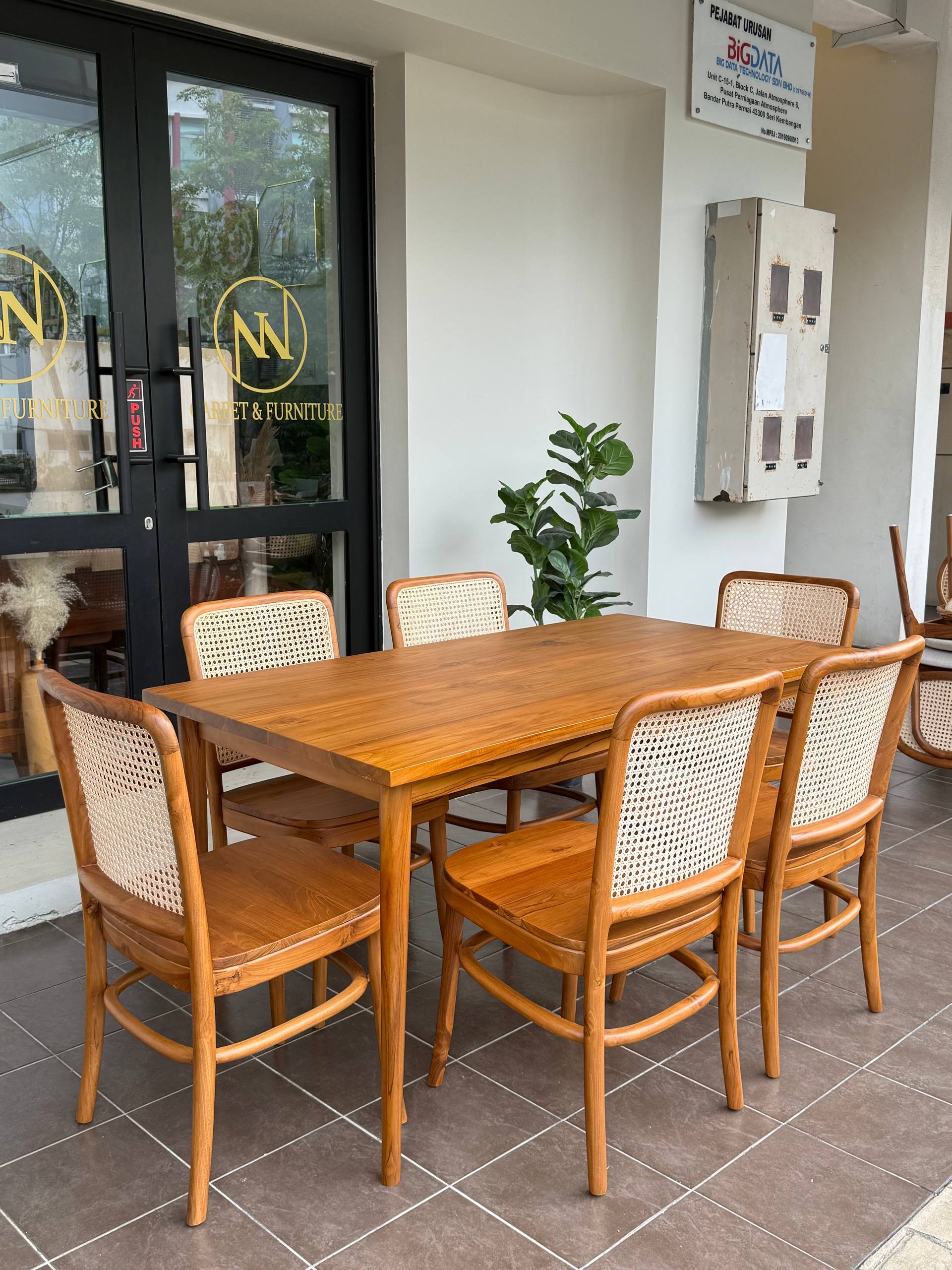 Solid Teakwood Dining Table Set | 6 Seater Dining Set | 160x80cm Dining Table | Solid Teak & Natural Rattan Dining Chairs | Wooden Seat | Modern Japandi Dining Furniture