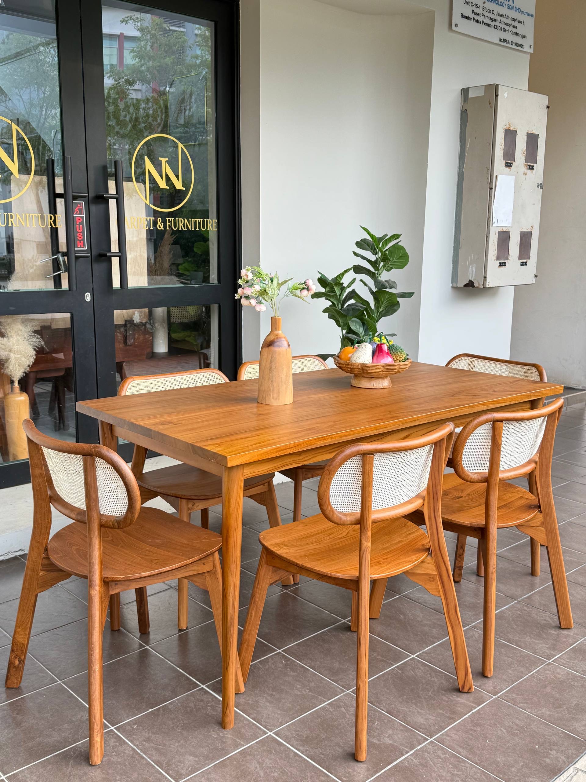 Solid Teakwood Dining Table Set | 6 Seater Dining Set | 160x80cm Dining Table | Solid Teak & Natural Rattan Dining Chairs | Modern Japandi Dining Furniture