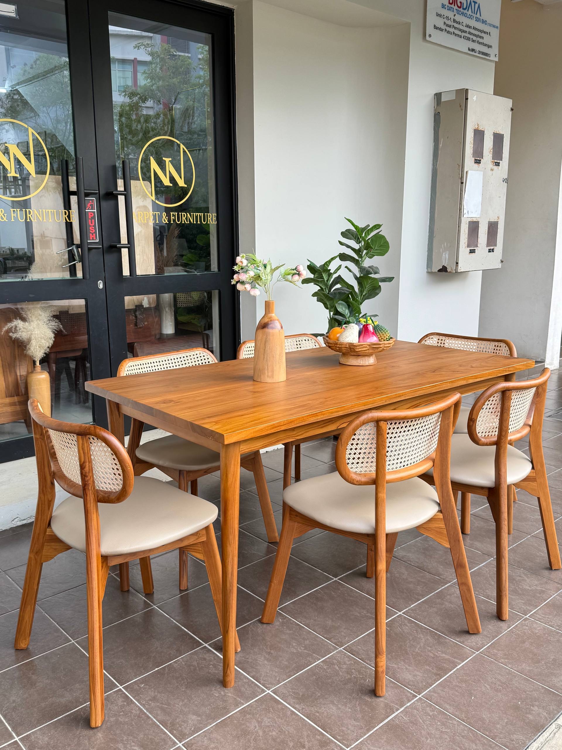 Solid Teakwood Dining Table Set 6 Seater | 160x80cm Dining Table | Teak Wood & Natural Rattan Dining Chairs | Modern Japandi Dining Furniture