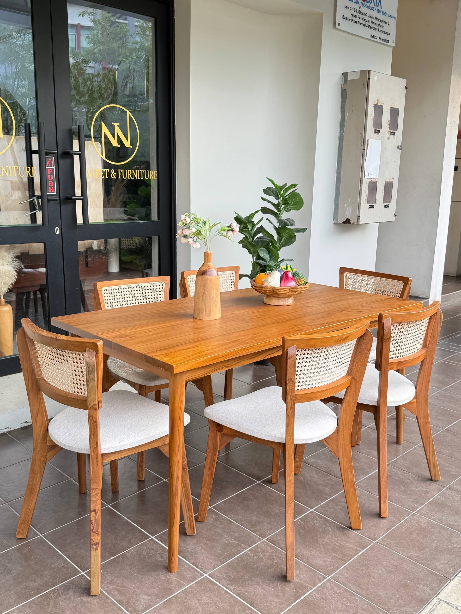 Solid Teakwood Dining Table Set | 6 Seater Dining Set | Teak & Rattan Dining Chairs | 160cm Dining Table | Modern Dining Furniture
