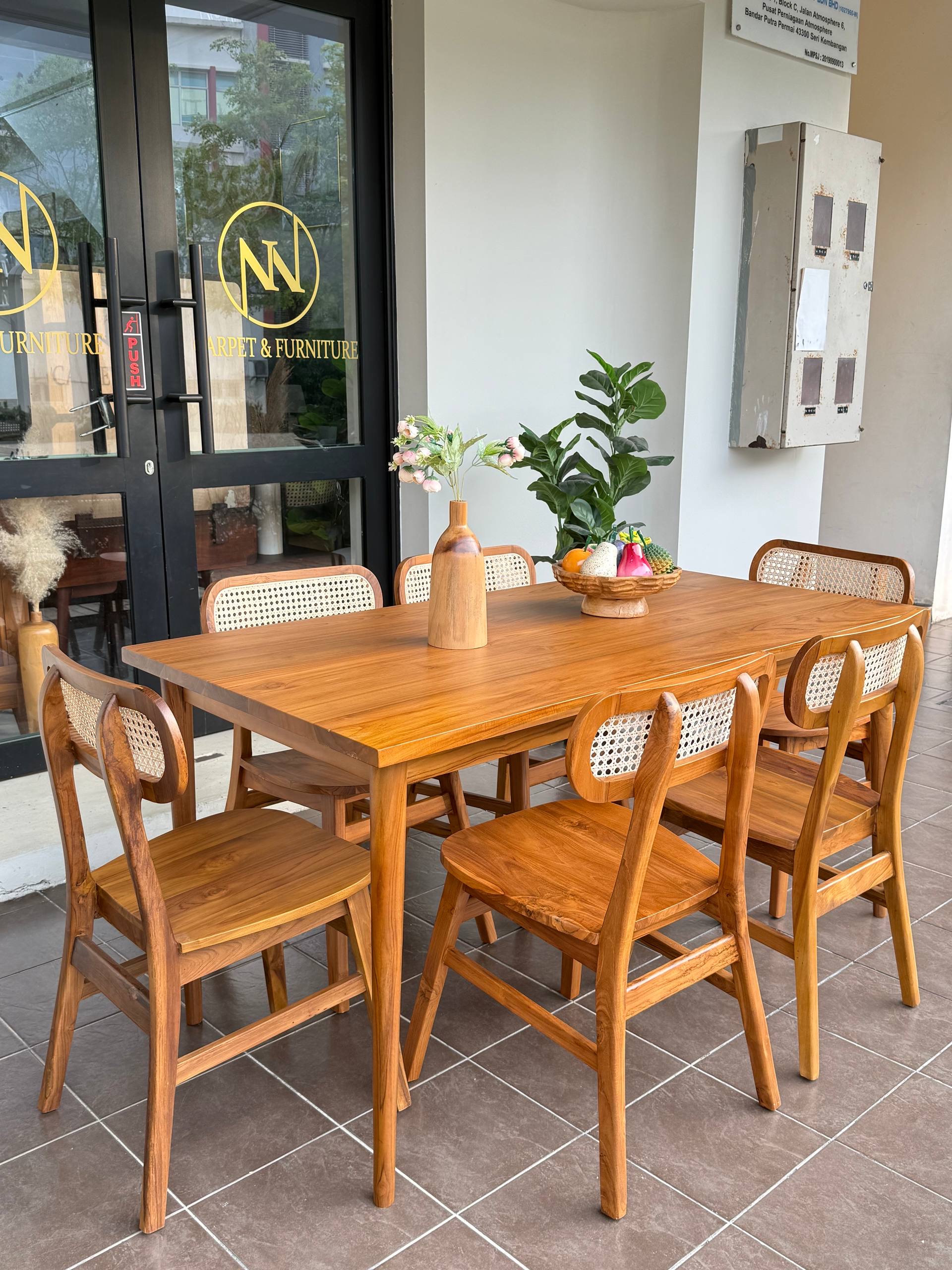 Solid Teakwood Dining Table Set | 6 Seater Dining Set | 160cm Dining Table | Teak Dining Chairs with Rattan Back | Modern Dining Set