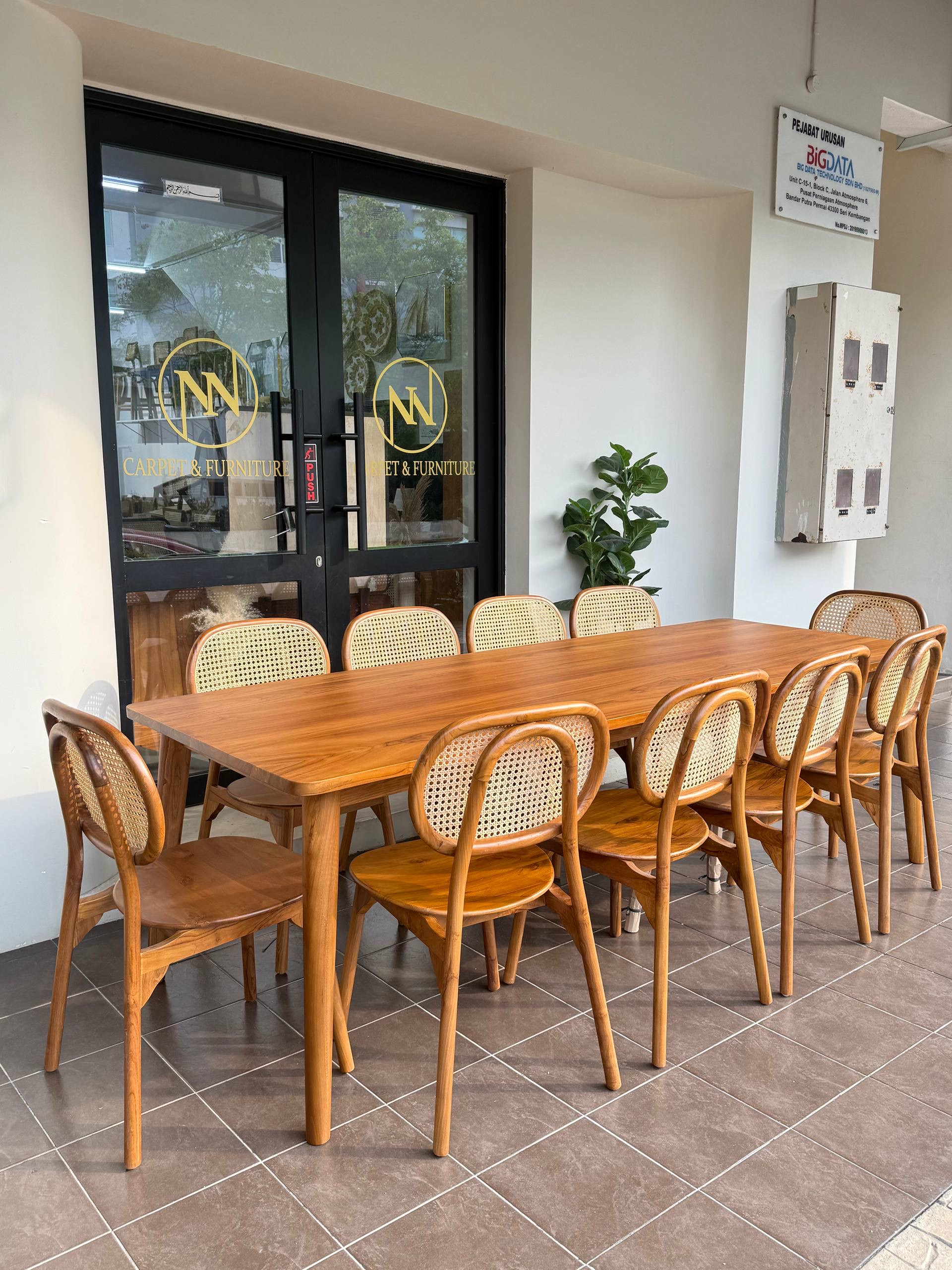 Solid Teakwood Dining Table Set | 10 Seater Dining Set | 250x90cm Dining Table | Solid Teak & Natural Rattan Dining Chairs