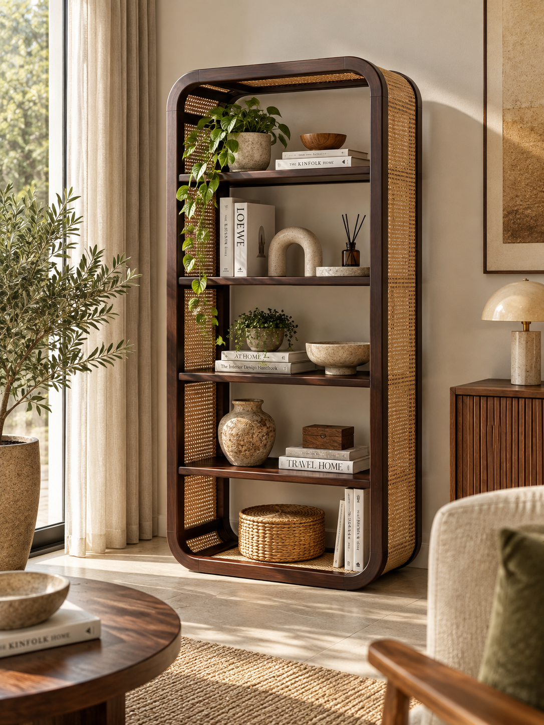 LUNA Teakwood & Rattan Display Shelf 90x40x180cm – Open Bookshelf
